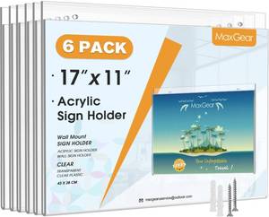 lot 49191 image: MaxGear Wall Mount Sign Holder 11 x 17 Inch, Clear Plastic Picture Frames with Mounting Screws, Door Sign Holders and Document Display Frame for Home, Office, Store, Landscape, 6 Pack - Retail $46
