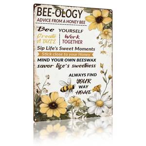 lot 51075 image: QKIODS Vintage Garden Metal Tin Signs Bee-ology Advice from a honey Bee Funny Tin Sign Rustic Indoor Outdoor Wall Decor for Home Garden Yard Farmhouse Greenhouse Patio Porch Bar 8x12 Inch - Retail $7