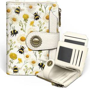 lot 51076 image: Icycay Floral Bee Small Wallet Women RFID Blocking Bifold, Credit Card Holder, Zipper Coin Pocket, PU Leather, Cute, Compact, Travel, 4 ID Window, 14 Card Slots, Cash Purse, Ladies Woman Female Girls - Retail $20