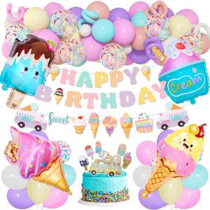 lot 51084 image: 75Pcs Ice Cream Birthday Party Decorations for Girls Kids, Pastel Ice Cream Balloon Garland Arch Kit First Two Sweet Birthday Banner Foil Sprinkle Long Twist Balloons Cupcake Toppers Party Supplies - Retail $12