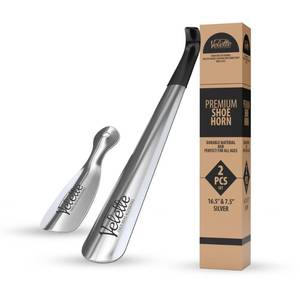 lot 51085 image: Velette 2 Pack Metal Shoe Horn Long Handle for Seniors - 16.5 Extra Long Shoe Horn for Seniors, 7.5 Travel Shoes Horns for Men, Women, and Kids - Shoehorn Long-Handle, Shoes Spoon, Gifts for Elders - Retail $13