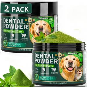 lot 51088 image: 2 Pack Dog Dental Powder, Dog Teeth Cleaning Powder with Natural Herbal Blend, Plaque Off Pet Tooth Cleaning lab co, Targets Tartar & Reduces Plaque & Bad Breath for Dogs & Cats, Mint -150Grams - Retail $40