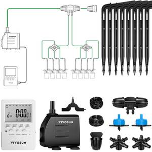 lot 59353 image: VIVOSUN Professional Automatic Drip Irrigation Kits, 15W Output, All in One Professional Grow Kit- Includes Pump, Timer and Regulator, 8 Drip Emitters Garden Plant Watering System Indoor Outdoor - Retail $34