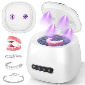 lot 59367 image: Rechargeable Ultrasonic Retainer Cleaner Machine, 45kHz Portable Dental Cleaning Pod for Dentures, Night Guards, Braces, Aligner, Toothbrush, Jewelry, 3 Cleaning Modes, 200ML Capacity, White - Retail $50