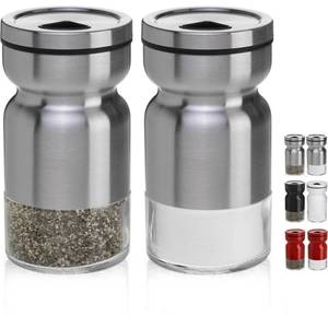 lot 59370 image: Salt and Pepper Shakers Set with Adjustable Pour Holes by CHEFVANTAGE - Stainless Steel - Retail $25