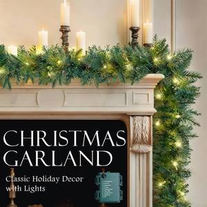 lot 63049 image: 2-Pack 9FT Lighted Christmas Garland, Prelit Christmas Garland with Lights Battery Operated, Artificial Xmas Decorations Holiday Decor for Stairs Door Indoor Fireplace Garlands - Retail $46