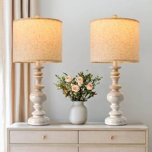 lot 63053 image: BOBOMOMO 24 Farmhouse Resin Table Lamp Set of 2, Vintage Lamps for Living Room Bedroom with Linen Shades, Traditional Rustic Bedside Lamps Retro Table Lamps for Living Room, Bedroom, Office - Retail $70
