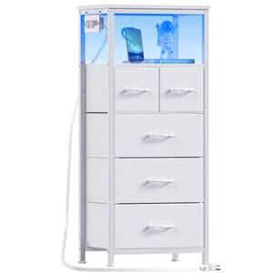 lot 63061 image: Furnulem Dresser for Bedroom, Tall Nightstand, Vertical Chest with Wood Top, Charging Station, LED Lights, 5 Fabric Bins, Bedside Table with Shelf, Furniture for Entryway (5 Drawer, White) - Retail $60