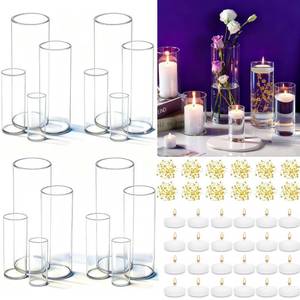 lot 63067 image: UDU 16 Set Glass Cylinder Vases for Centerpieces with 80000 Clear Beads 24 White Floating Candles 12 Pearl String Center Pieces Decoration for Table Table Wedding Party Home - Retail $70