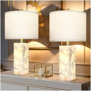 lot 63081 image: Scenekoy Alabaster Table Lamp Set of 2 with Night Light for Bedroom Living Room, 23 Rotary Switch Bedside Lamp with Linen Shade, Modern Nightstand Lamps for Room Office Dorm (Bulb Included) - Retail $100