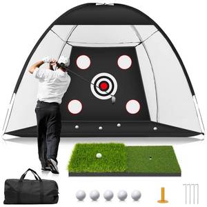 lot 63082 image: MUVPOH Golf Net 10x7ft Golf Practice Net for Backyard Chipping Driving with Dual-Turf Golf Hitting Mat, All-in-1 Outdoor Indoor Golf Hitting Net with Multiple Targets, Golf Aid for MenGolf Lovers - Retail $50