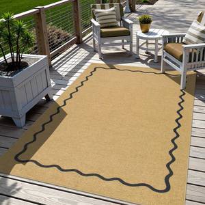 lot 63084 image: Sungea Outdoor Patio Rug 5x7 Washable Easy Jute Rug, Non-Skid Scalloped Geometric Floor Mats for Living Room, Neutral Modern Foldable Low-Pile Minimalism Carpet for Bedroom Backyard Home Decor - Retail $63
