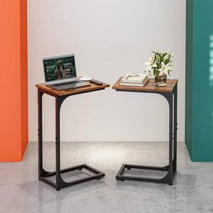lot 63087 image: RISWER C-Shaped Side Table for Couch - Small Coffee Stand Sofa Tray Desk with Metal Frame and Waterproof Scratch Resistant, Modern End Accent for Living Room, Bedroom, Set of 2, Rustic Walnut - Retail $37