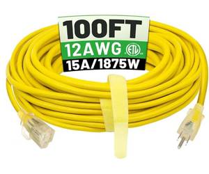 lot 63091 image: POWGRN 100 ft 123 Outdoor Extension Cord Waterproof Heavy Duty with Lighted Indicator End 12 Gauge 3 Prong, Flexible Cold-Resistant Long Power Cord Outside, 15Amp 1875W SJTW Yellow ETL Listed
