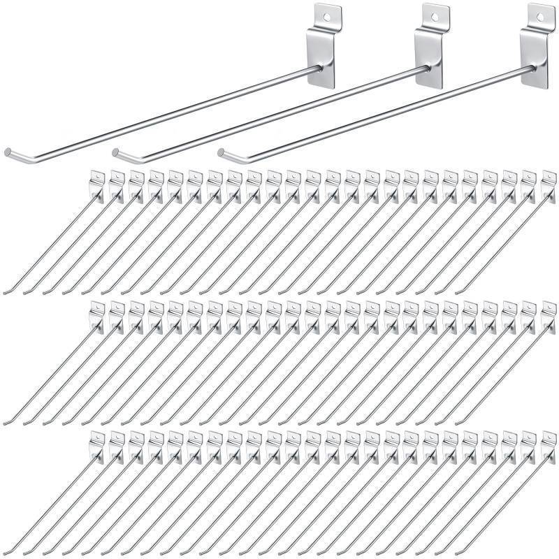 lot 25806 image: Moxweyeni 100 Pcs Heavy Duty Slatwall Panel Hooks Hanging Metal Slat Wall Hanging Hooks Silver Slat Wall Hanger Commercial Grade Slatwall Pegs Accessories for Shop Retail Display(10 Inch) - Retail $36
