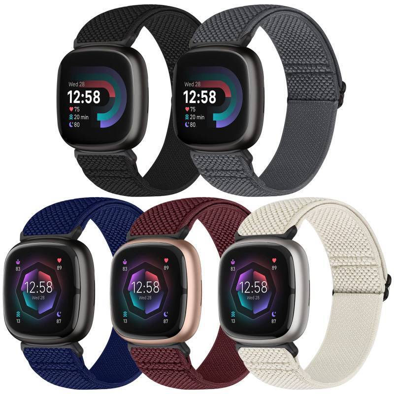 lot 40023 image: Bcuckood Compatible with Fitbit Versa 4Versa 3Sense 2Sense Band Women Men, 5 Pack Elastic Nylon Soft Adjustable Stretchy Solo Loop Replacement Strap for Women Men - Retail $10