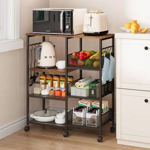lot 3886 image: SWTYMIKI Kitchen Island Cart on Wheels - 4 Tier Rolling Kitchen Table Cart with Storage Shelves, 6 Removable Hooks& Locking Casters, Coffee Bar Cabinet for Dining Room Pantry Office, Espresso - Retail $70