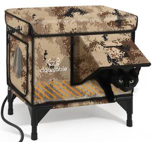 lot 3894 image: Sturdy Outdoor Heated Cat House for Winter, Insulated Heated Cat House for Outside with Two Door, Feral Cat Shelter with Waterproof Awning, Outdoor Cat House Barn Stray Kitty - Retail $84