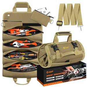 lot 26406 image: Tool Bag Roll Up, UUP Heavy Duty Rolled Empty Tool Storage Organization, Portable Foldable Rollup Organizer with 2 Small Pouches, Rollable Carrying Toolbag, Dad Men Mechanic Birthday Gifts, Khaki - Retail $28