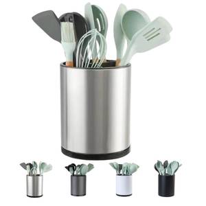 lot 26410 image: LIBODOUR Kitchen Utensil Holder Extra Large 360°Rotating For Counter Organizer Stainless Steel Storage Cooking Silverware Caddy 3 Compartment Flatware Spoon Spatula Tool Cutlery Container Silvery - Retail $23