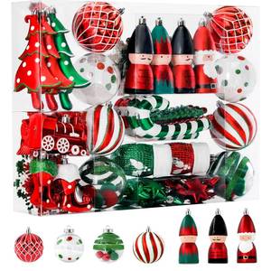 lot 26412 image: Alupssuc 95pcs Christmas Balls Ornaments Set, Shatterproof Plastic Baubles, Soldiers, Christmas Socks for Xmas Tree Holiday Wedding Party Decorations with Hanging Strings, White, Red and Green - Retail $20