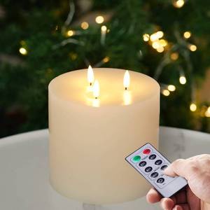 lot 26423 image: Amagic 6x6 Extra Large Flameless Candles with 3 Wicks, Battery Operated Candles with Remote Control and Timers, 6 inch Diameter LED Pillar Candles, Real Wax, Ivory - Retail $24
