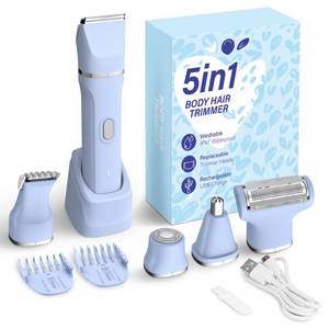 lot 26424 image: KINGTEE 5-in-1 Electric Bikini Trimmer for Women IPX7 Waterproof Shaver, Cordless Body & Facial Razors for Women, Ceramic Blades, USB-C Rechargeable, Painless Hair Removal Kit (Blue) - Retail $25