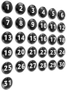 lot 26434 image: 1-31 Magnetic Numbers Colored Glass Calendar Magnets for Whiteboard Dry Erase Board Fridge Schedule Refrigerator(Black,1.38,Digital) - Retail $18