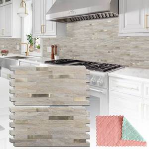 lot 26438 image: StyloVue 8 Sheets Kitchen Peel and Stick Backsplash Tiles, Beige with Metal Gold Look Stick on Backsplash for Kitchen, RV, Fireplace - Retail $50