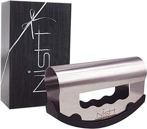 lot 26441 image: Nish Salad Choppers Mezzaluna Choppers with Protective Cover Mincing Knives Vegetable Knife Mezzaluna Mincer Double Blade Stainless Steel for Home Kitchen & Restaurant - Retail $10