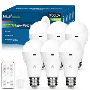 lot 26445 image: BoRccdit CordlessGlow 15W A19 Rechargeable Light Bulbs with Remote, 3 Color Temperatures  Dimmable Battery Operated Light Bulb, up to 24 Hours,6pk - Retail $43