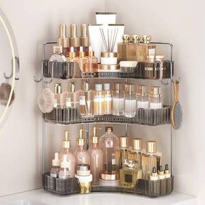 lot 26448 image: Kinkota 3-Tier Corner Organizer with Hooks, Gray PET Counter Storage  Multi-Purpose for Bathroom Skincare & Kitchen Organization (Missing Poles) - Retail $33