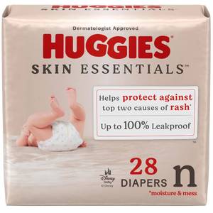 lot 26450 image: Huggies Size Newborn Diapers, Skin Essentials Baby Diapers, Size Newborn (6-9 lbs), 28 Count, Packaging May Vary - Retail $12