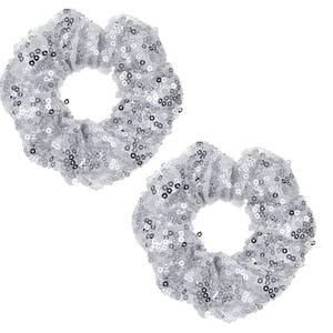 lot 40328 image: Silver Sequins Scrunchies 2 Pieces Sparkly Metallic Silver Hair Accessories Bridesmaid Proposal Gifts Hair Ties Ponytail Holders for 70s 80s Gym Dance Cheerleading Softball Volleyball Baseball Team - Retail $6
