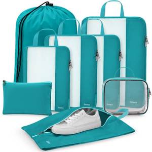 lot 40334 image: Gonex 8 Set Compression Packing Cubes, Expandable Mesh Organizer for Travel Accessories, Essentials With Toiletry, Laundry, Shoe, Cable Bags for Suitcases, Blue - Retail $29