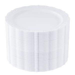 lot 49203 image: Upassion 100 Pieces White Plastic Plates - 10.25 inch White Dinner Disposable Plates - Premium Hard Disposable Dinner Plates - Party Supplies for Birthdays, Celebrations, Wedding and Events - Retail $36