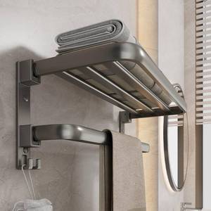 lot 49208 image: Handship 15 Inch Towel Rack Bathroom Shelf with Towel Bar Foldable Wall Mounted Towels Storage Holder with Hooks Rustproof Heavy Duty Hangers for Bathroom Lavatory Hotel Accessories (Gunmetal) - Retail $24