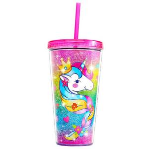 lot 49215 image: Home Tune Cute Glitter Tumbler Cups with Lid and Straw, Double Wall Insulated Acrylic Cup, 22 oz  650ml (Unicorn) - Retail $10