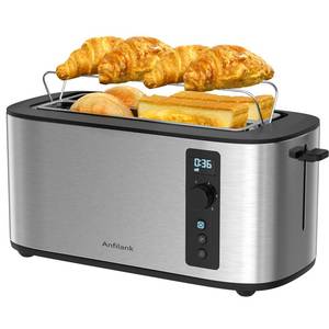 lot 49225 image: Anfilank Toaster 4 Slice with Countdown Timer, Extra Wide Slots for Bagels and Waffles, 6 Browning Settings, Removable Crumb Tray, Stainless Steel - Retail $40