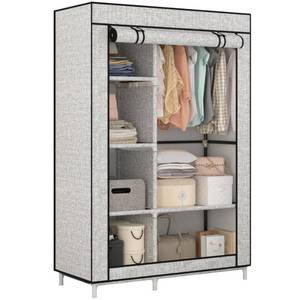 lot 49229 image: Calmootey Portable Closet Organizers, Clothing Storage, Wardrobe with 6 Shelves and Hanging Rod, Non-Woven Fabric Cover with 4 Side Pockets, Ash Grey - Retail $31