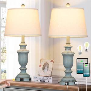 lot 49247 image: Cinkeda 25.6 Blue Table Lamps Set of 2 with USB CA Ports & AC Outlet for Coastal Living Room Bedroom,3-Way Dimmable Farmhouse Touch Lamp Bedside Lamps for Nightstand,Retro Blue. One lamp is damaged  - Retail $76