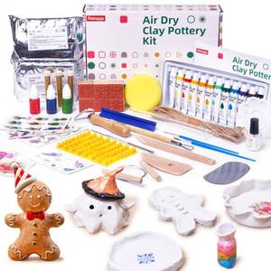 lot 49252 image: Fiestajaja Air Dry Clay Kit for Adults, Pottery Kit for Beginners, 48 PCS Clay Kit with Acrylic Paints, Stamps, Sculpting Tools & Step-by-Step Guide - Crafts for Birthdays Xmas Gift & Decor - Retail $26
