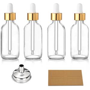 lot 49254 image: AOZITA Set of 4, 2 oz Golden Cap Clear Dropper Bottles (60ml) with 1 Funnel & 4 Labels - Glass Tincture Bottles for Essential Oils with Eye Droppers - Leak Proof Travel Bottles for Liquids - Retail $7