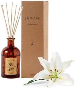 lot 49262 image: Craft & Kin Lily & Jasmine Diffuser Reed Diffuser  All Natural Essential Oil & 8 Rattan Scent Sticks  Reed Diffusers for Home, Bathroom  Long Lasting Home Fragrance in Amber Glass, 5.75oz - Retail $35