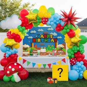 lot 49263 image: Super Bros Party Decorations with Balloon arch Kit Polka dot printed Balloon Cloud Mushroom Star Balloons Banner Birthday Backdrop for Cartoon Video Game Theme Birthday Party Supplies - Retail $20