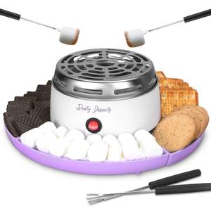 lot 49278 image: Party Desserts Electric Smores Maker Tabletop Indoor Kit, Indoor Marshmallow Roaster, Smores Station with 4 Compartment Trays & Forks, Great Gift for Adults and Kids in Holidays and Parties (Lavander) - Retail $24