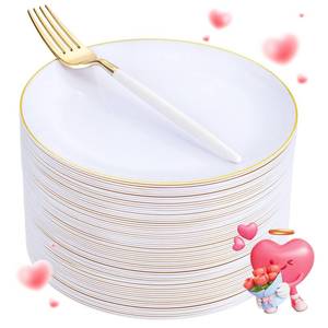 lot 49284 image: LIYH 96 Pcs White Gold Dessert Plates with Dessert Forks,48 Plates and 48 Forks,Gold Cake Appetizer Plastic Disposable Plates for Tea Parties,Birthdays,Wedding,Valentines Mothers Day 48 Guests - Retail $30