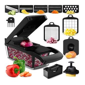 lot 49286 image: PrepNaturals Vegetable Chopper with Container, Veggie Chopper, Food Chopper & Onion Chopper - Mandoline Slicer for Kitchen (8 in 1, Black) - Retail $20