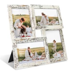 lot 49296 image: YESKAY 4x6 Collage Picture Frames Set of 1, Multi Family Photo Frame with Real Glass, Displays Four 4x6 Photo, Wall Decor Wall Hanging or Tabletop, Distressed White - Retail $27
