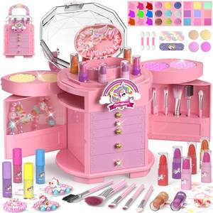 lot 49297 image: PERRYHOME Kids Makeup Set for Girls, 63 Pcs Washable Non-Toxic Real Cosmetic Toddler Makeup Kit, Unicorn Princess Play Makeup Toys Birthday Gifts, Dress up Time Girl Toys for 3 4 5 6 7 8 9 10 11 12 - Retail $26